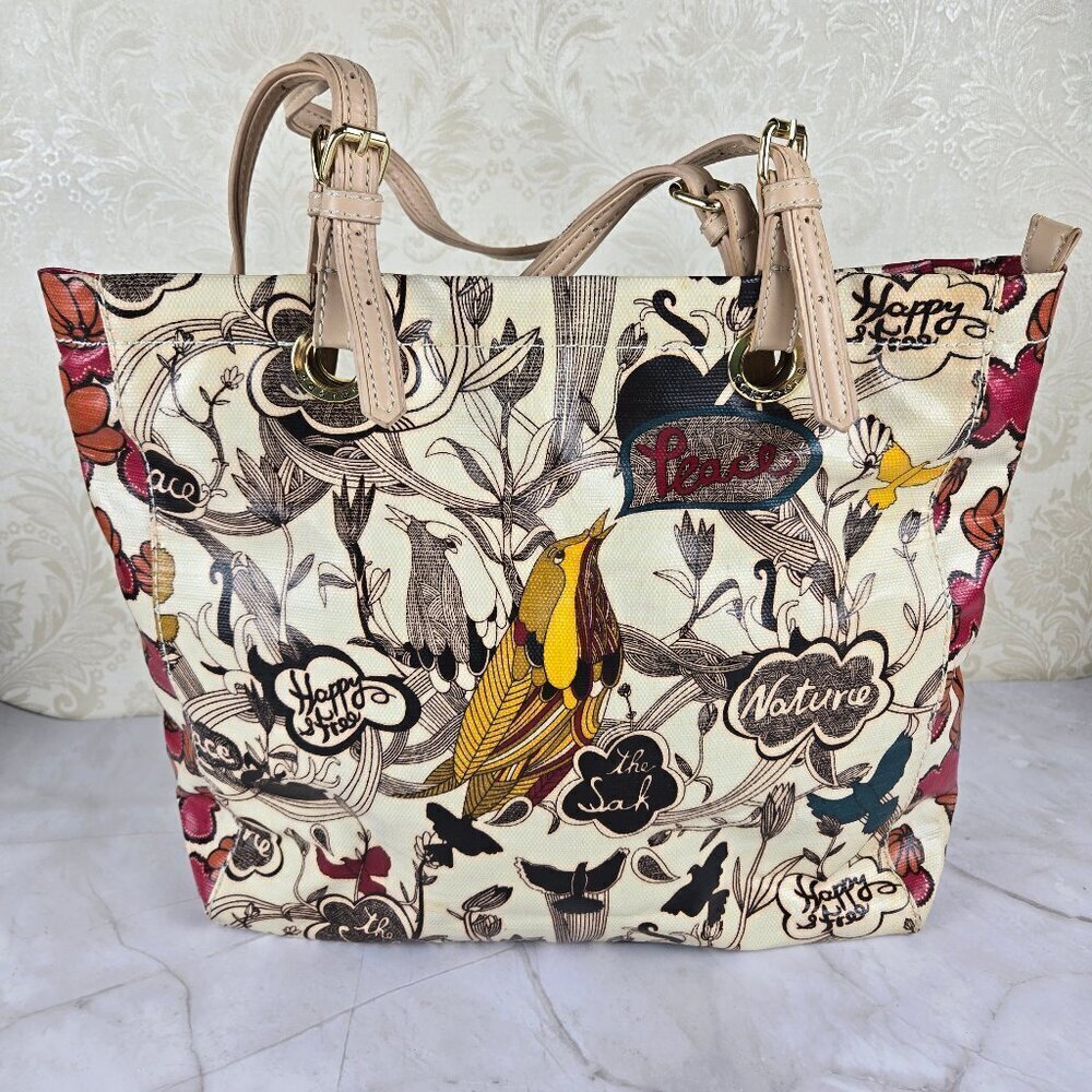 Sakroots Colorful Bird & Word Graphics PVC Tote Bag Adjustable Double Handles